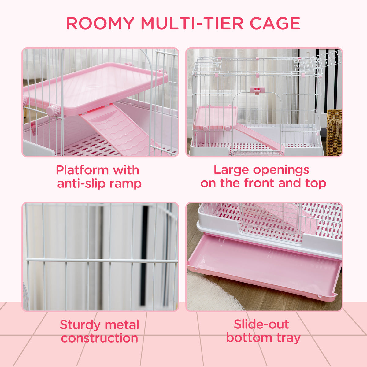 2-Level Small Animal Cage Rabbit Hutch with Wheels, Removable Tray, Platform and Ramp for Bunny, Chinchillas, Ferret, Pi