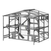 Large Outdoor Catio for 6-10 Cats, Pine Wood Cat Cage Outdoor with Weatherproof Roof, 6 Platforms, Climbing Ramp, 1 Rest