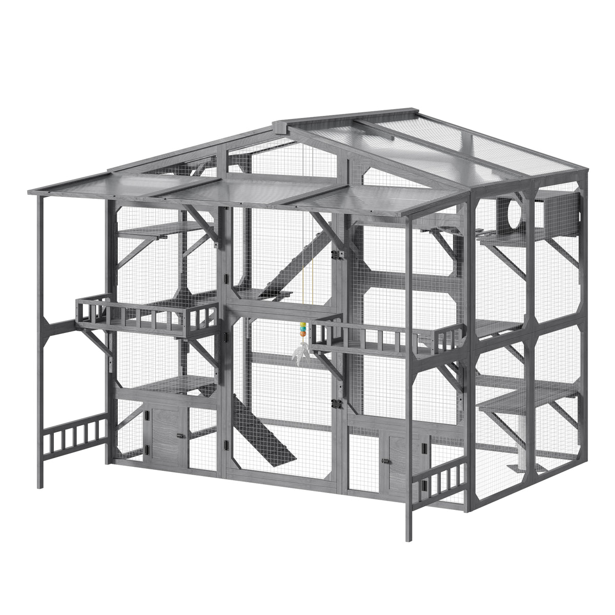 Large Outdoor Catio for 6-10 Cats, Pine Wood Cat Cage Outdoor with Weatherproof Roof, 6 Platforms, Climbing Ramp, 1 Rest