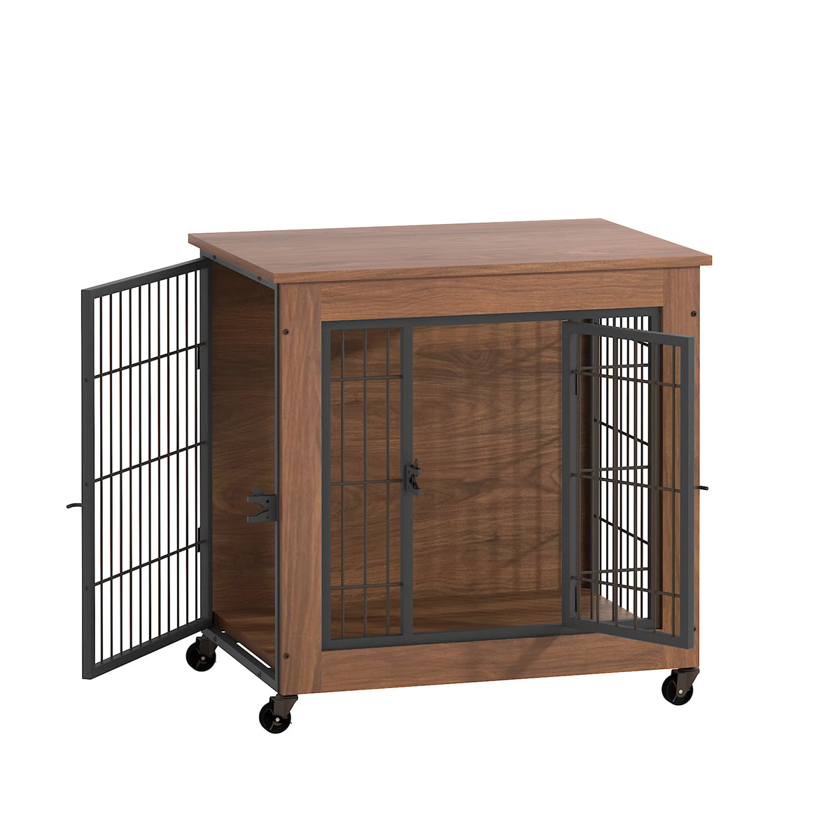 27.2" Dog Crate Furniture with Wheels for Small Dogs, Heavy Duty Dog Kennel Indoor with 2 Doors, Wooden Pet Cage End Tab