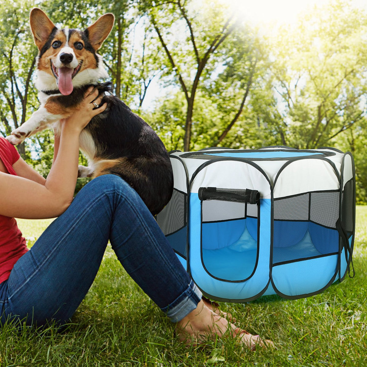 Pink-Blue Options -- 1Pc Portable Foldable Pet Tent Exercise Pen Kennel Removable Zipper Top And Bottom Water Resistant 