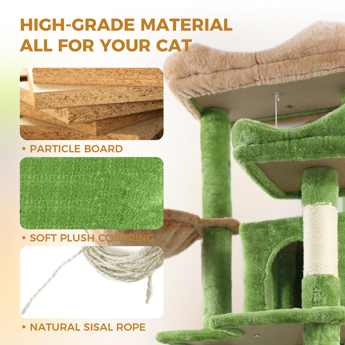 68in Tall Multi-Level Green Cat Tree with Hammocks, Hanging Basket, Cat Cave, Removeable Cushion, Scratching Posts - Plu