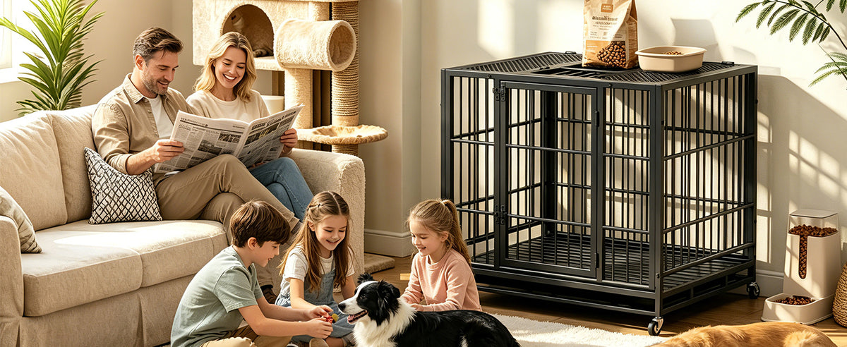 Heavy Duty Dog Crate , Mobile Pet Kennel with Lockable Wheels & Rotary Twist-Latch, Indoor Outdoor Metal Cage with Perfo