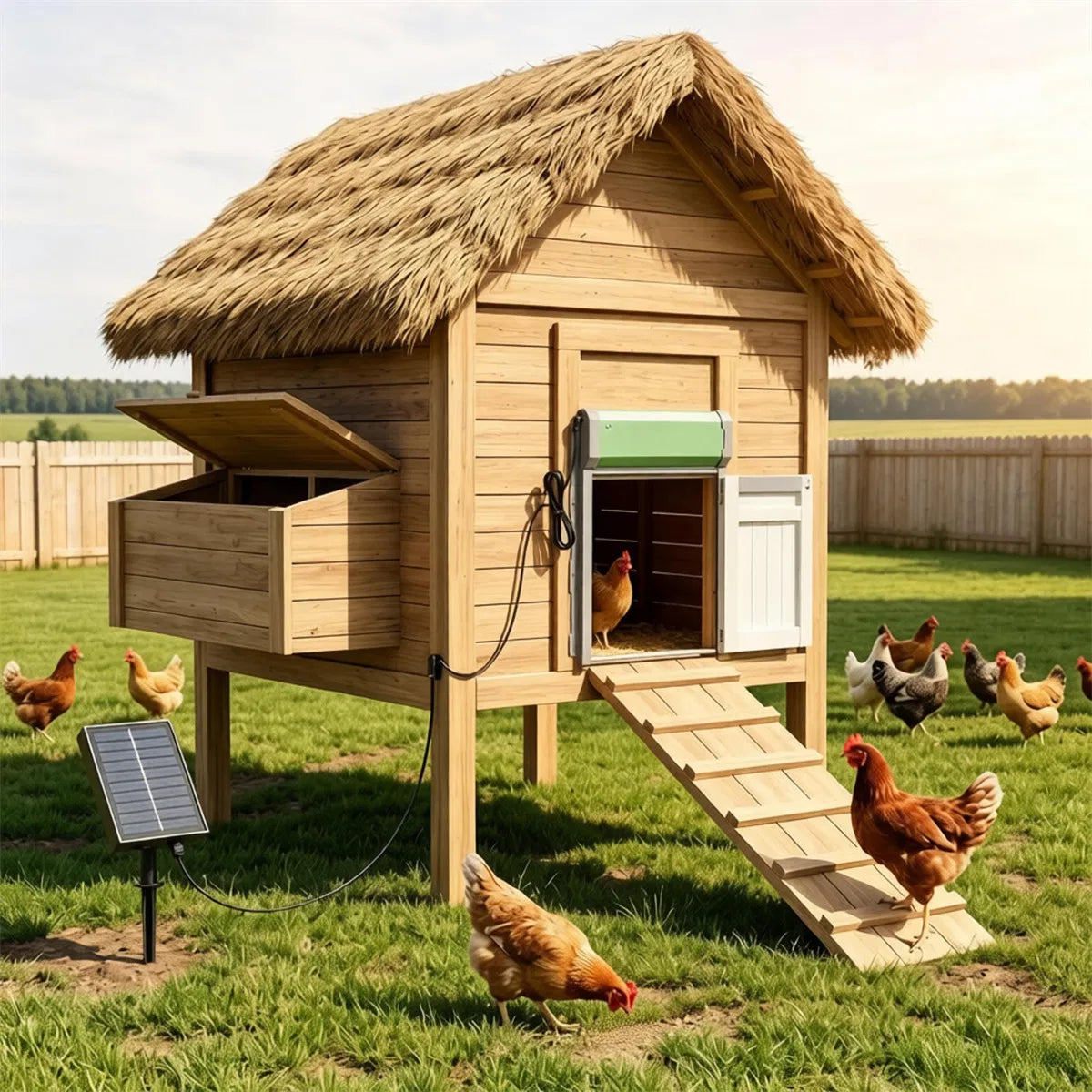 Solar Powered Automatic Chicken Coop Door with 4 Modes Light Sensor Timer Remote Control, Anti-Pinch Weatherproof Alumin