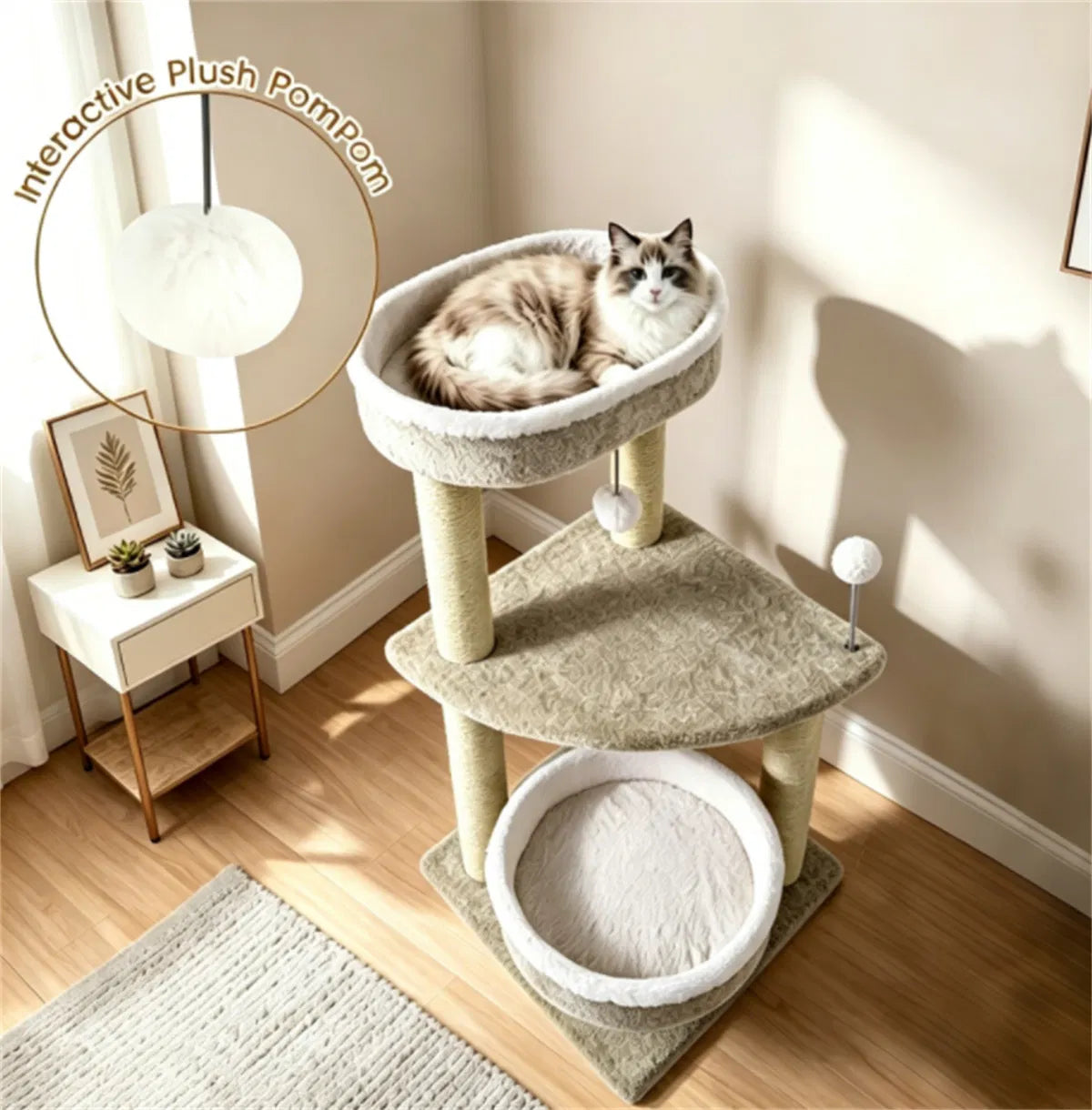 36" Compact SpaceSaving Cat Activity Center, HeavyDuty Stable Cat Climbing Furniture with Plush Rest Areas & Pompom Toy 