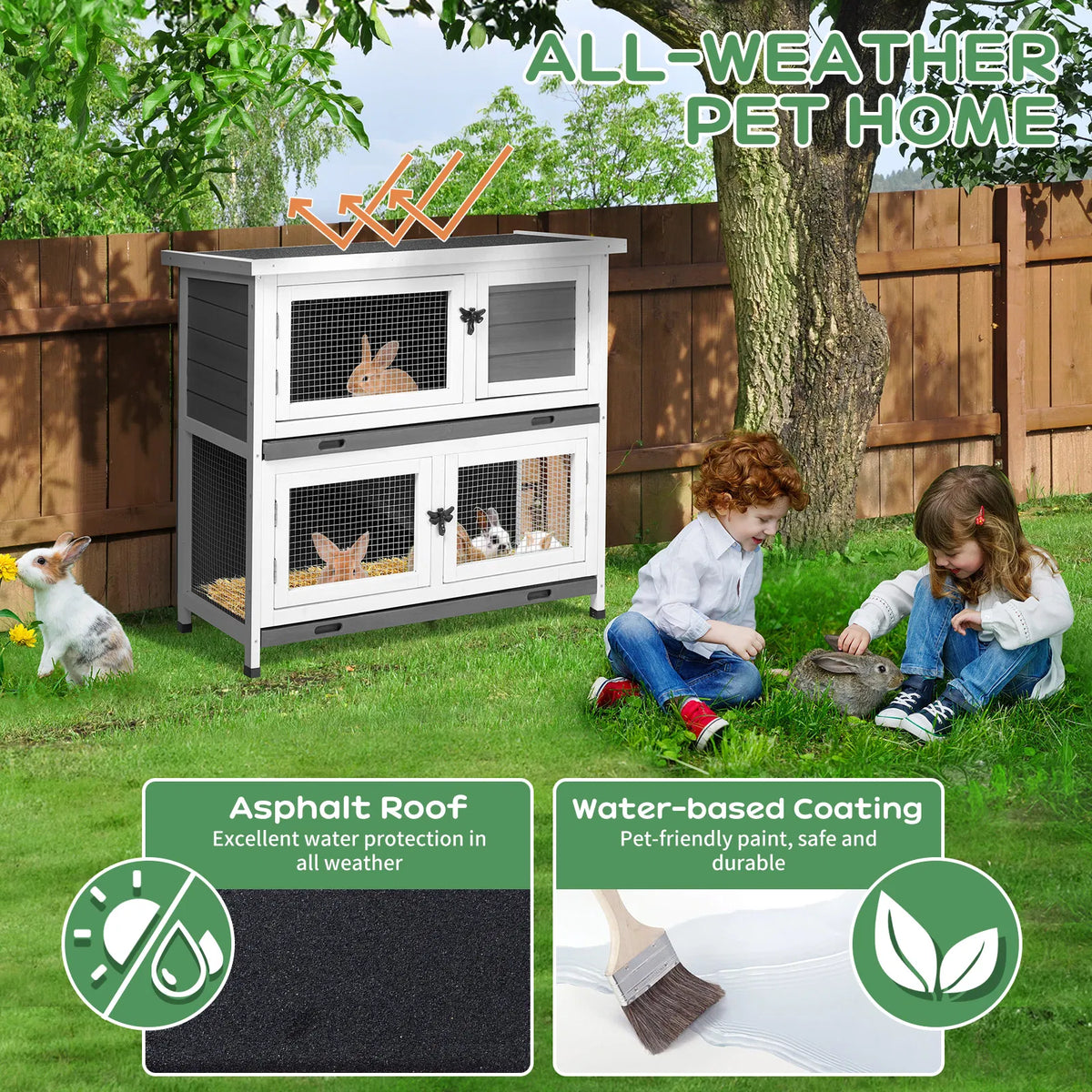 2 Story Solid Wood Rabbit Hutch Bunny Cage with 2 Large Main Rooms, Indoor Outdoor Rabbit House Guinea Pig Cage Pet Hous