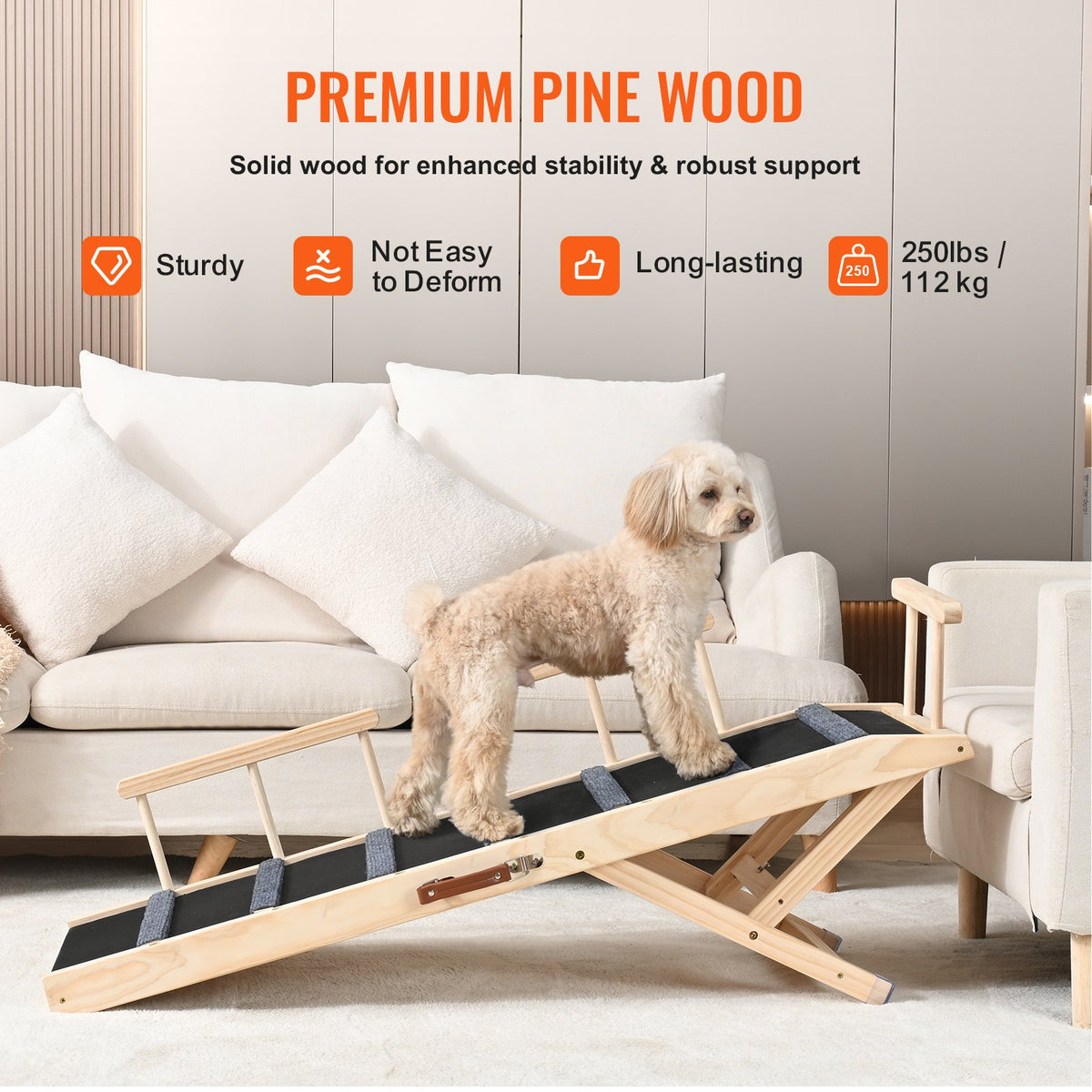 Dog Ramp, Folding Pet Ramp For Bed, Adjustable Dog Ramp For Small, Large, Old Dogs & Cats, Wooden Pet Ramp With 47.2' Lo