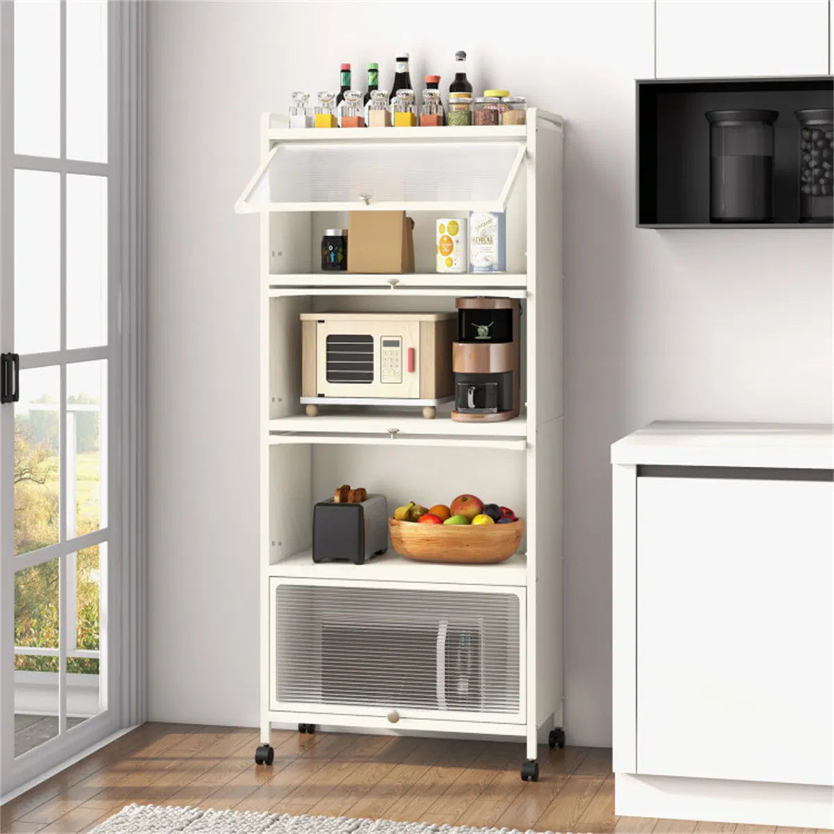 5-Tier Rolling Microwave Stand Flip Dust-Proof Doors 4 Casters with Brakes Kitchen Storage Rack White