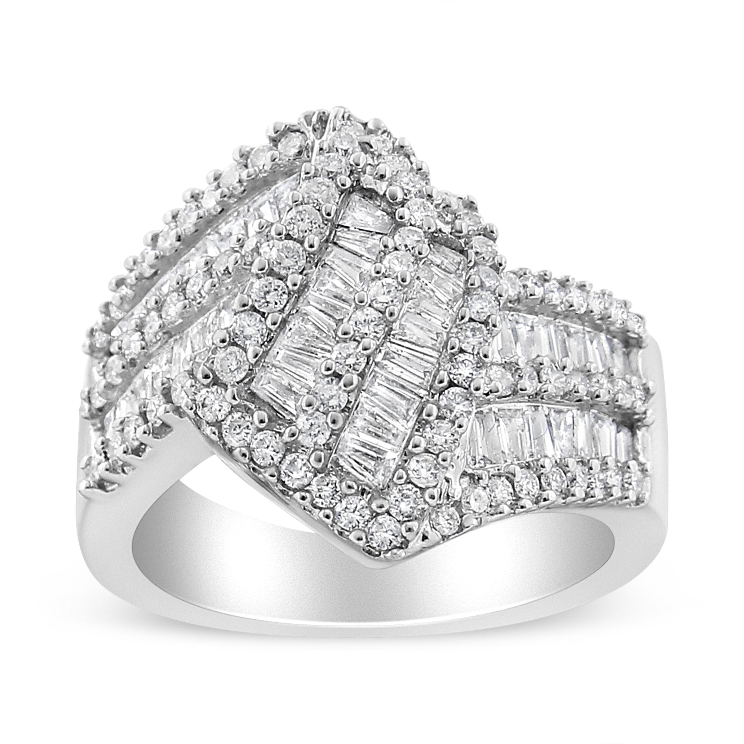 14K White Gold 1-1/2 Cttw Round and Baguette Diamond Bypass Cocktail Ring Band (H-I Color, SI1-SI2 Clarity) - Size 7