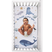 Arctic Adventure Light Blue, White, and Navy Whales, Narwhal, and Walrus "The World is your Oyster" 100% Cotton Photo Op Fitted Crib Sheet - BIG FRENCHIES