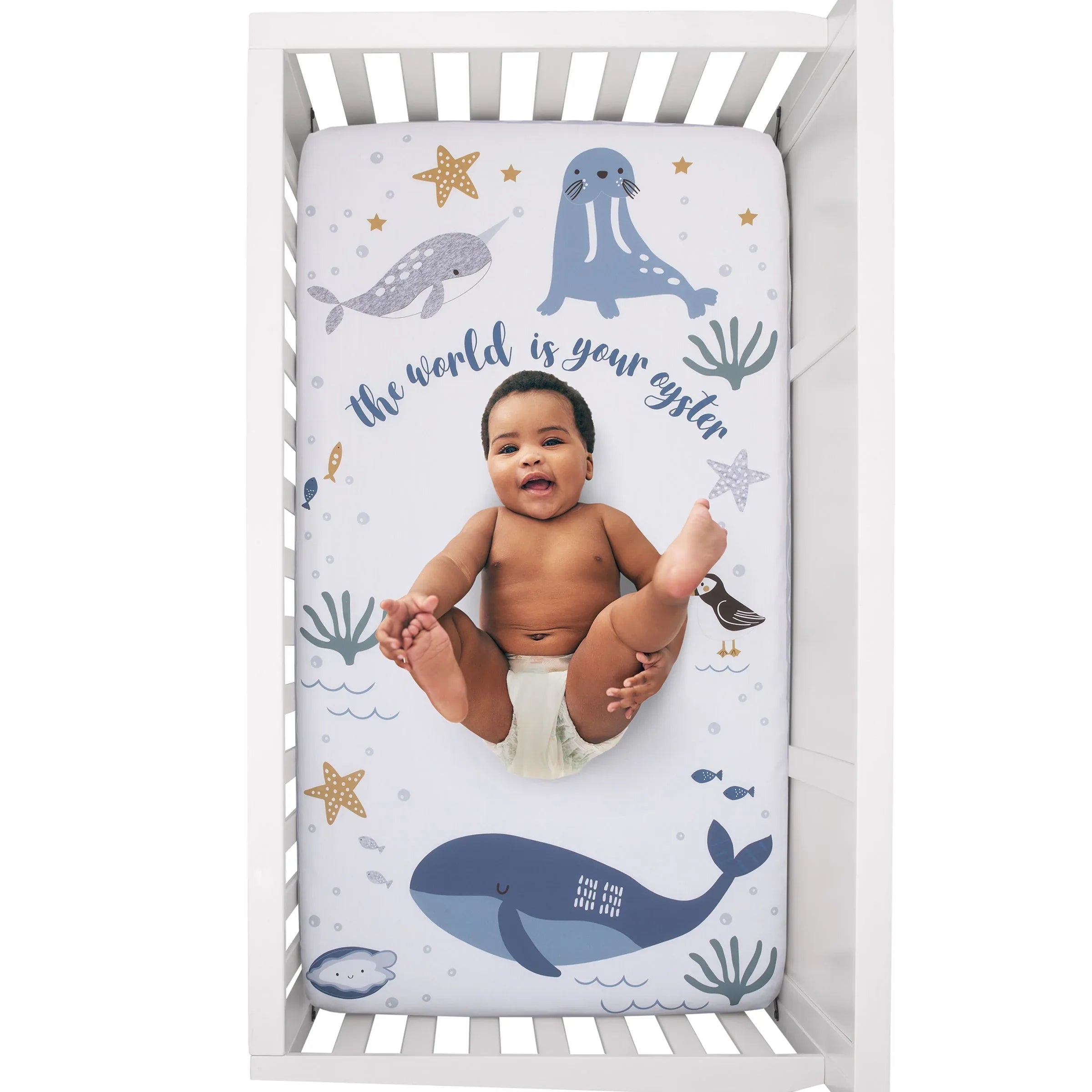 Arctic Adventure Light Blue, White, and Navy Whales, Narwhal, and Walrus "The World is your Oyster" 100% Cotton Photo Op Fitted Crib Sheet - BIG FRENCHIES