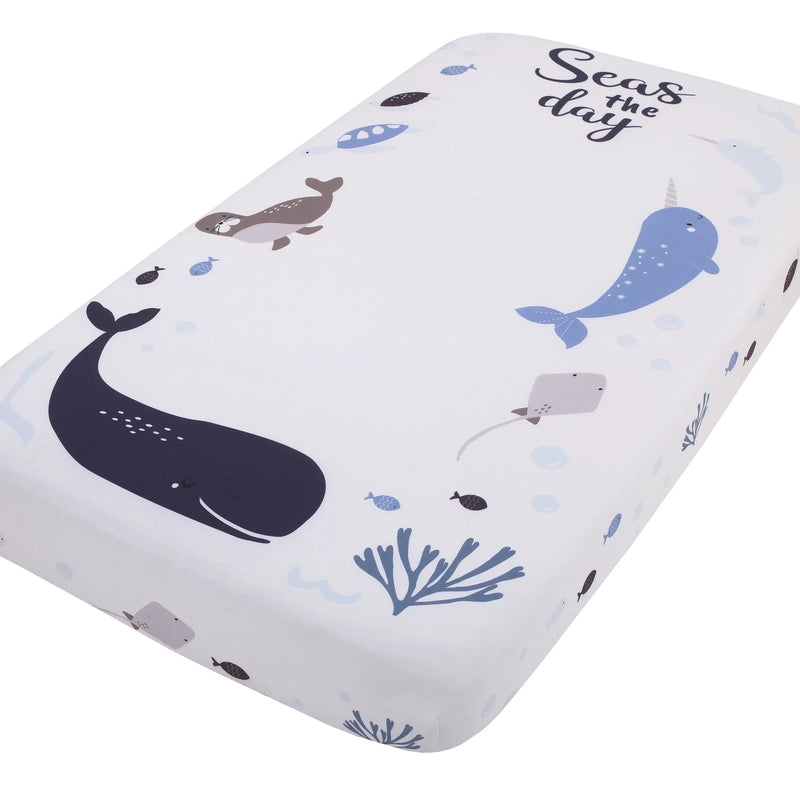 Seas The Day Multi Sea Animals Blue and White 100% Cotton Photo Op Fitted Crib Sheet - BIG FRENCHIES