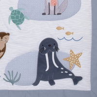 Arctic Adventure Light Blue, White, Taupe and Navy Whales, Walrus, and Otter 4 Piece Nursery Crib Bedding Set - Comforter, 100% Cotton Fitted Crib Sheet, Crib Skirt, and Storage Caddy - BIG FRENCHIES