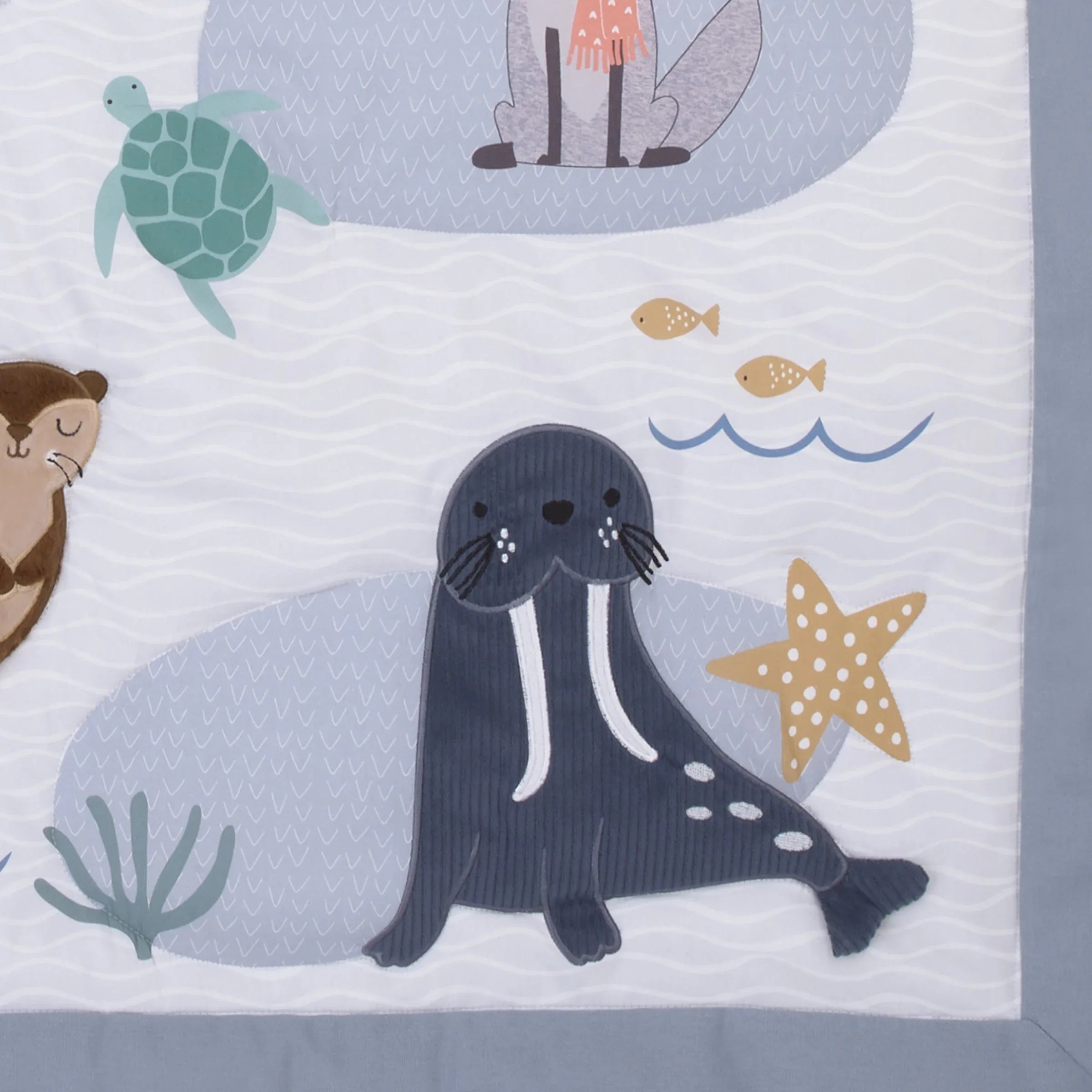 Arctic Adventure Light Blue, White, Taupe and Navy Whales, Walrus, and Otter 4 Piece Nursery Crib Bedding Set - Comforter, 100% Cotton Fitted Crib Sheet, Crib Skirt, and Storage Caddy - BIG FRENCHIES