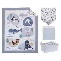 Arctic Adventure Light Blue, White, Taupe and Navy Whales, Walrus, and Otter 4 Piece Nursery Crib Bedding Set - Comforter, 100% Cotton Fitted Crib Sheet, Crib Skirt, and Storage Caddy - BIG FRENCHIES