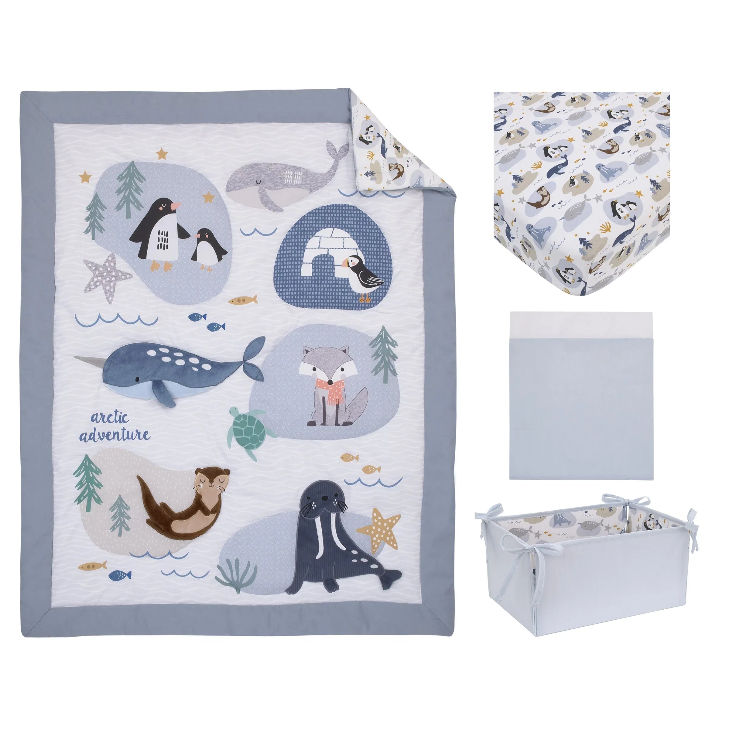 Arctic Adventure Light Blue, White, Taupe and Navy Whales, Walrus, and Otter 4 Piece Nursery Crib Bedding Set - Comforter, 100% Cotton Fitted Crib Sheet, Crib Skirt, and Storage Caddy - BIG FRENCHIES