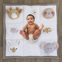 Playful Pals White, Tan, and Gray Four 3D Animals With Crinkle Plush Tummy Time Play Mat - Sloth, Llama, Elephant, and Giraffe - BIG FRENCHIES