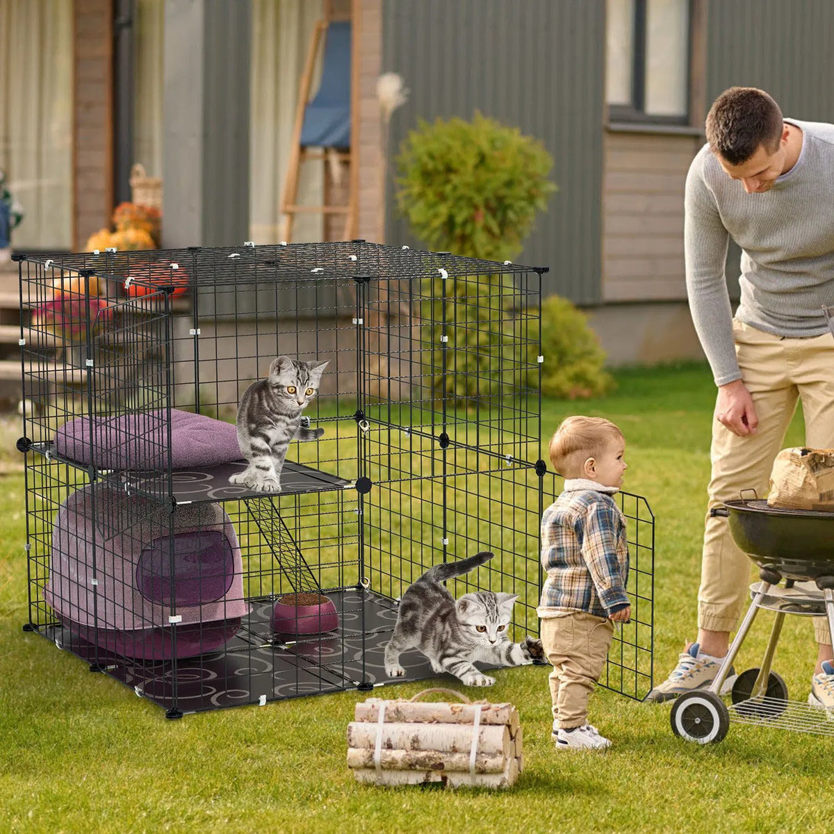 2Tier Cat Cage Playpen Indoor Pet Enclosures Kitten Kennel House Detachable Cat Crate with Climbing Ladder 2 Doors for 1