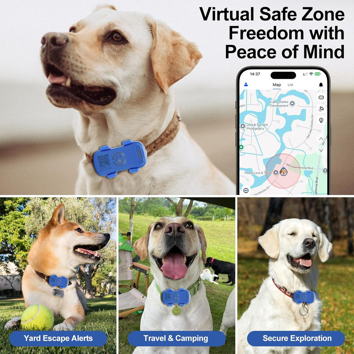 Dog GPS Tracker Real Time, Anti-Lost Pet Tracker With Geofence, Flash Light And Sound Alarm, Unlimited Distance Tracking