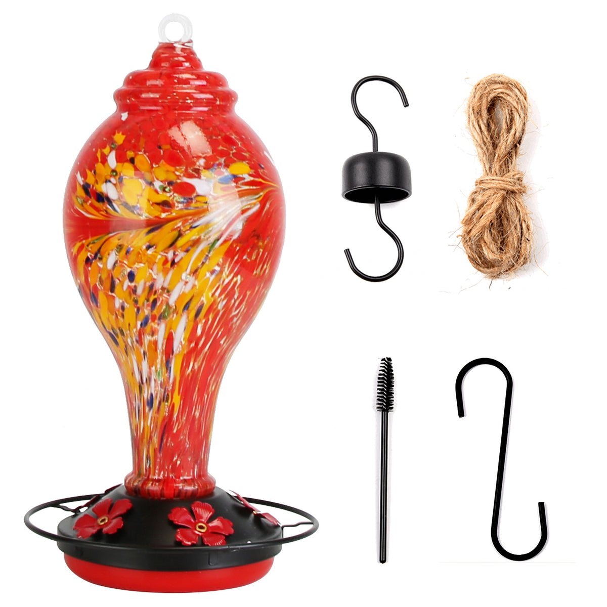 1Pc Glass Hummingbird Feeder 33OZ Hand Blown Hummingbird Feeder With 5 Flower Feeding Port Perch Ant Moat Hanging Hook S