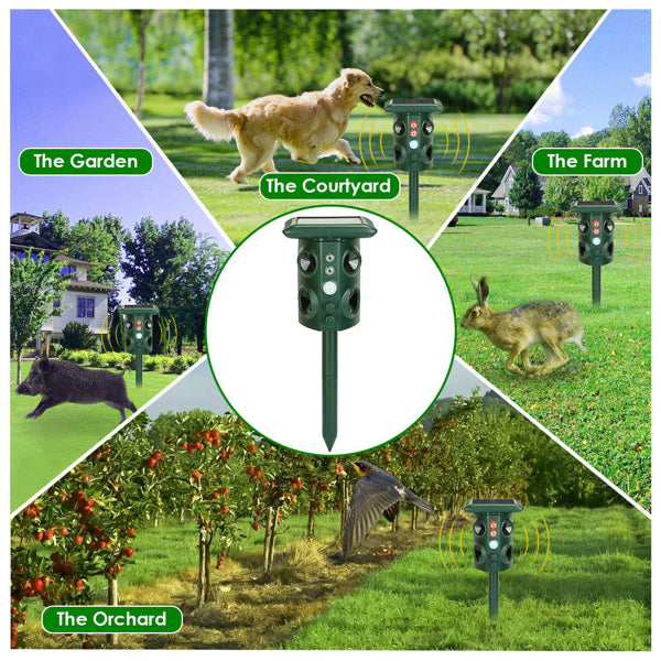 5 Modes Animal Repeller - Solar/USB Rechargeable, PIR Sensing, 3229Sq.ft Coverage, IP54 Waterproof, Repels Rodents Birds