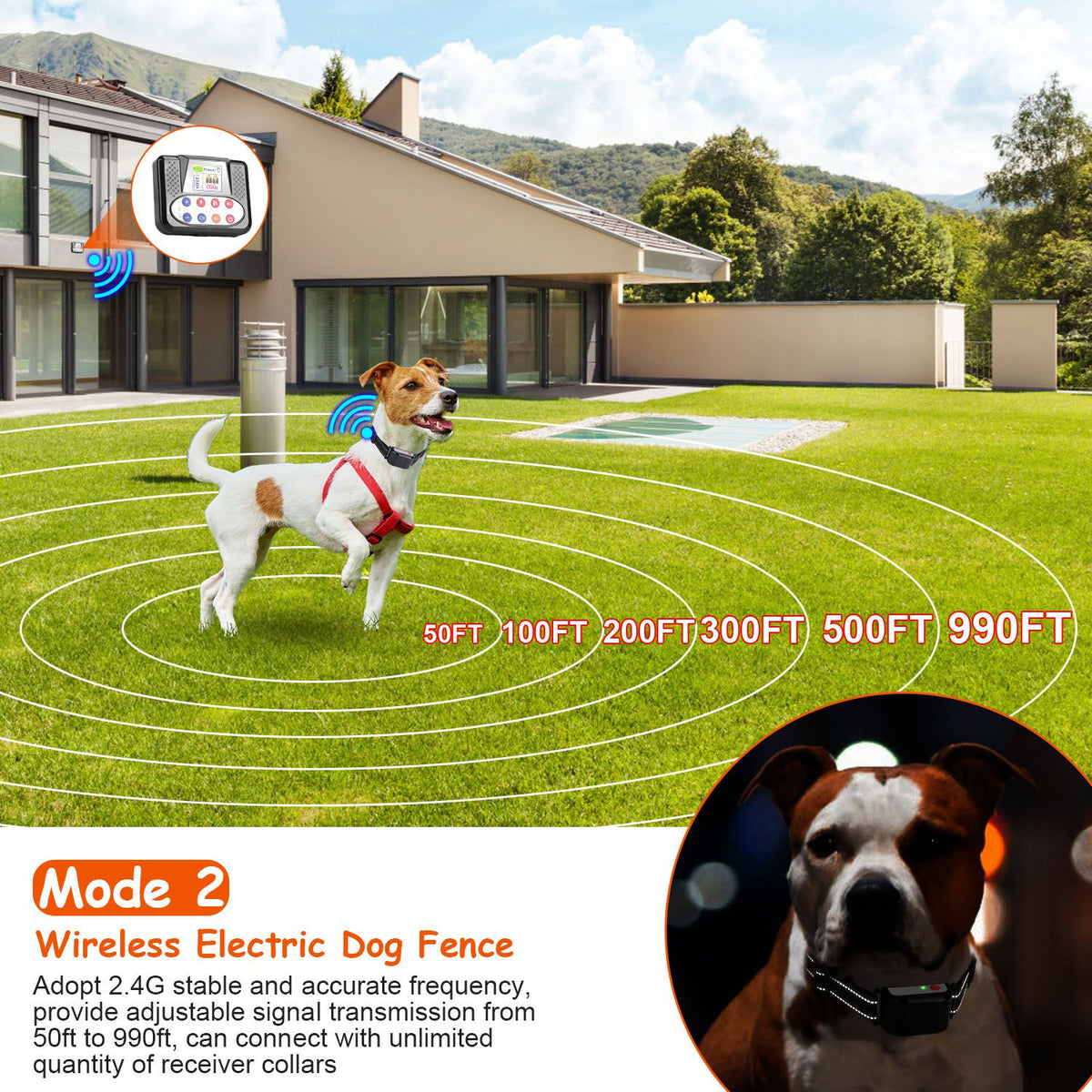 1Set 990FT Range Dog Wireless Fence Remote Training Collar IPX6 Waterproof Receiver With 0-9 Levels Beep Vibration Shock