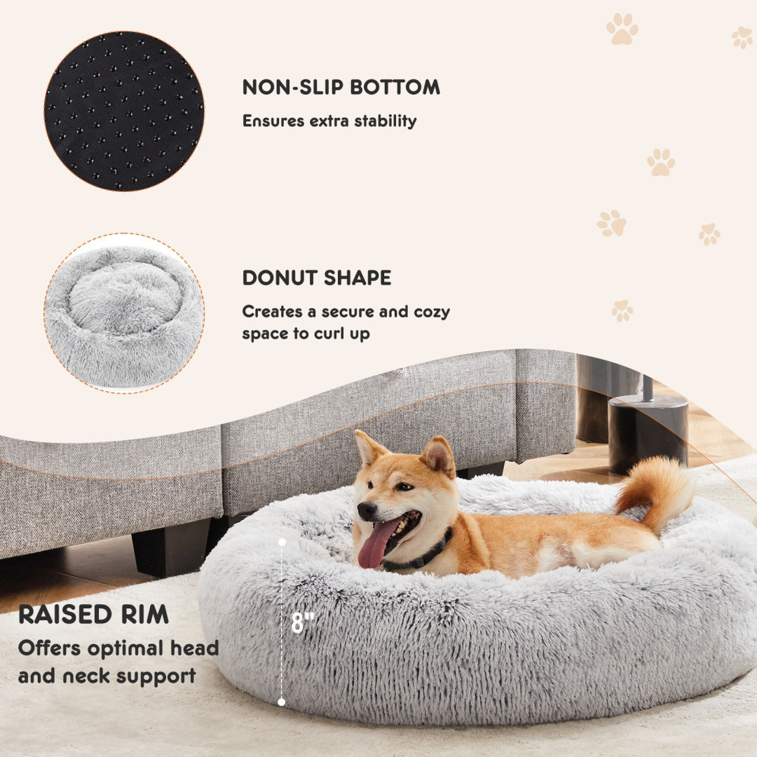 24 Inch Anti-Slip Round Fluffy Plush Faux Fur Cat Bed, Fits Up To 25 Lbs Pets