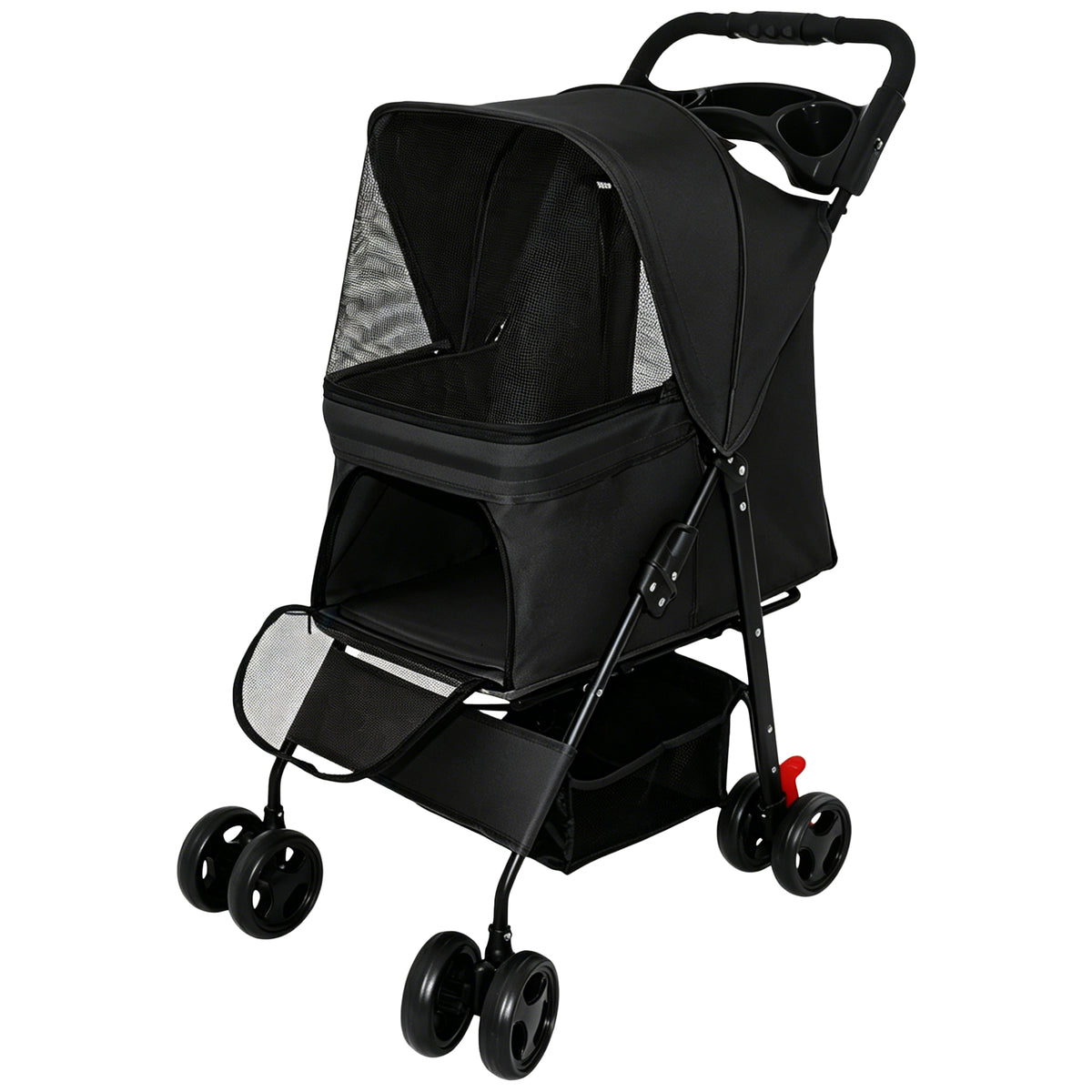 Foldable Pet Stroller for Small Dogs and Cats Under 28 lbs with Multi-Functional Tray, 2 Safety Leashes, Storage Basket 