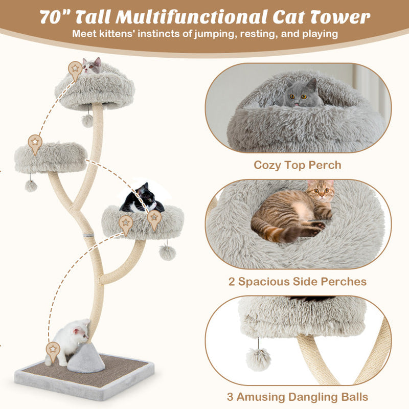 70" Tall Metal Cat Tree Tower with 3 Plush Perches & Sisal Scratching Posts - BIG FRENCHIES