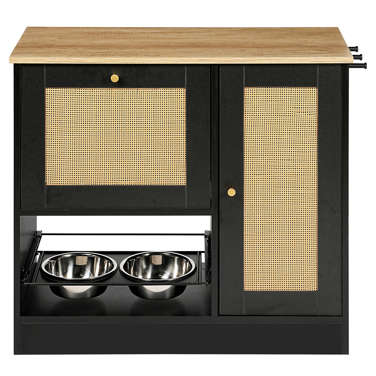 Feeding station with 2 lockers, pet feeding station with 2 elevated dog bowls, side hooks, anti-tipping kit, hidden pet 