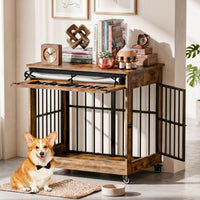 32in Dog Crate Furniture, Double Door Wooden Indoor Dog Kennel Furniture, Decorative Pet Cage End Table With Wheels For 