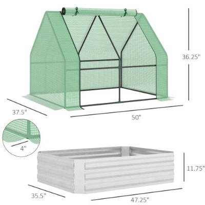 Outsunny Galvanized Raised Garden Bed With Mini Greenhouse Cover, Outdoor Metal Planter Box With 2 Roll-Up Windows For G