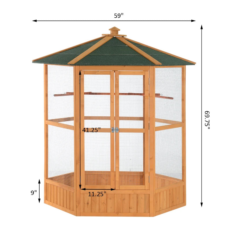 PawHut 69 Wooden Hexagonal Outdoor Aviary Flight Bird Cage With Covered Roof, BrownFor Multiple Packages, Please Pay Att