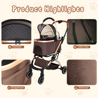 Pet Stroller for Dogs and Cats, 2-in-1 Detachable Foldable 4 Wheels Pet Stroller, Quick One-Hand Fold, Storage Basket, D