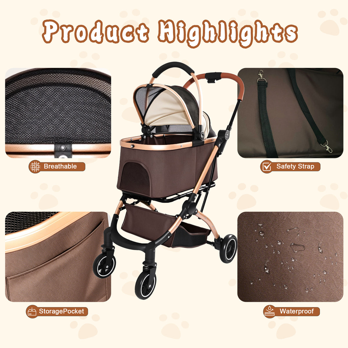 Pet Stroller for Dogs and Cats, 2-in-1 Detachable Foldable 4 Wheels Pet Stroller, Quick One-Hand Fold, Storage Basket, D