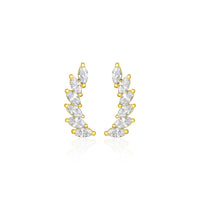 14k Yellow Gold Leaf Motif Climber Post Earrings with Marquise Cubic Zirconias