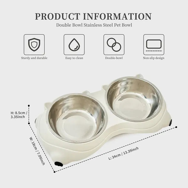 Anti Slip Base Double Cat Food Bowl, White Stainless Steel Food And Water Bowl, Easy To Clean And Detachable Design, Cat