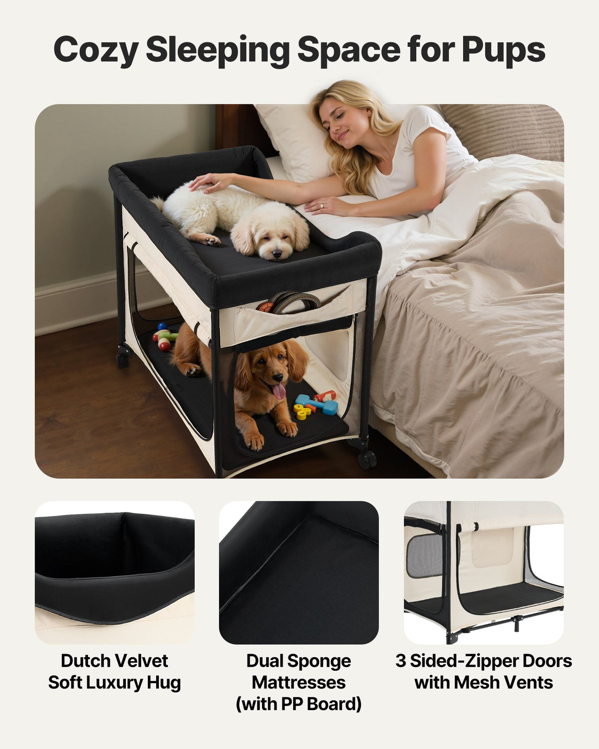 Elevated Lounge Pet Bed, Foldable Bunk Dog Bed With 600D Oxford Cloth And Dutch Velvet, Portable Raised Cot With Wheels,