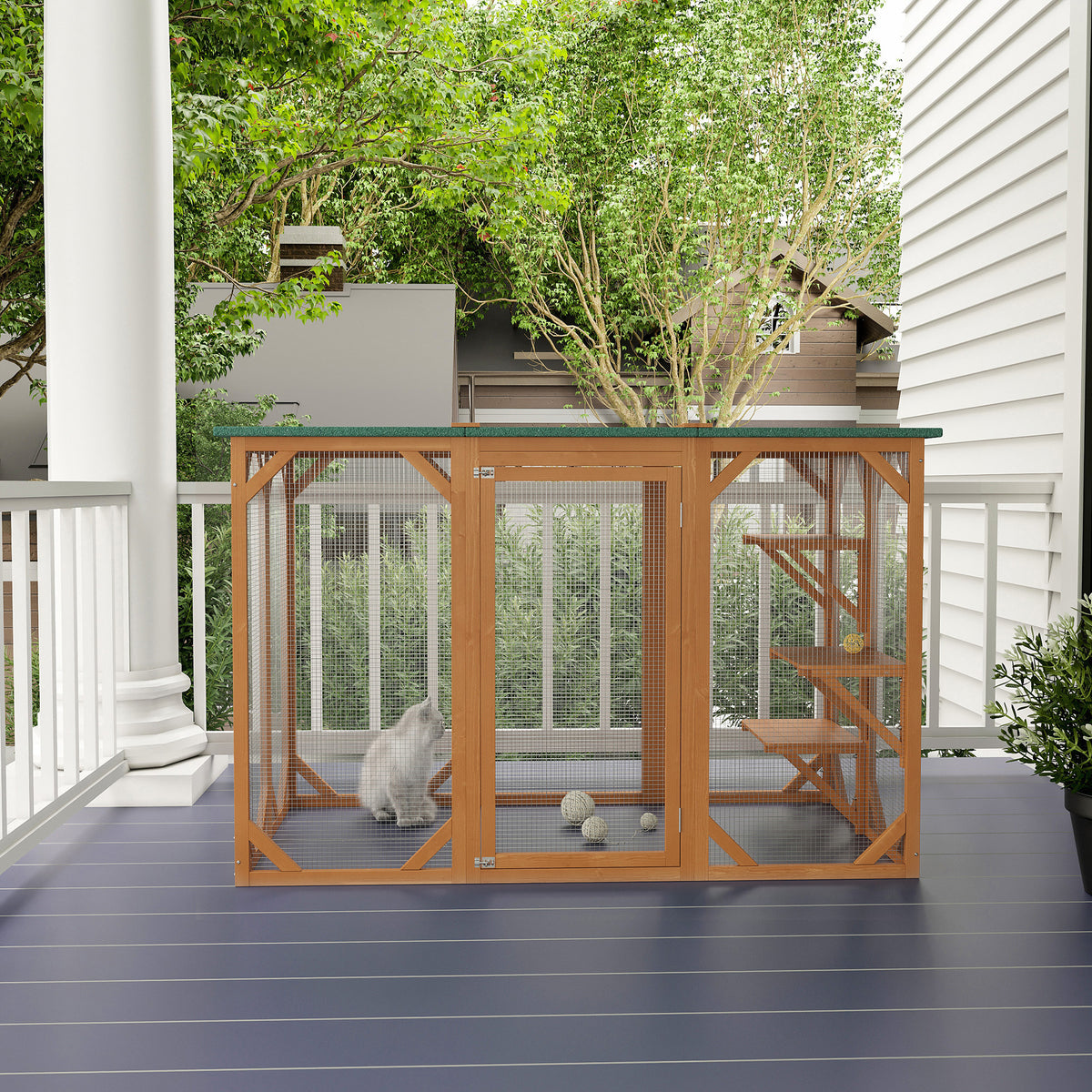 Outdoor Cat House, Catio Wooden Feral Cat Shelter, Cat Cage with Platforms, Large Enter Door, Weather Protection Asphalt
