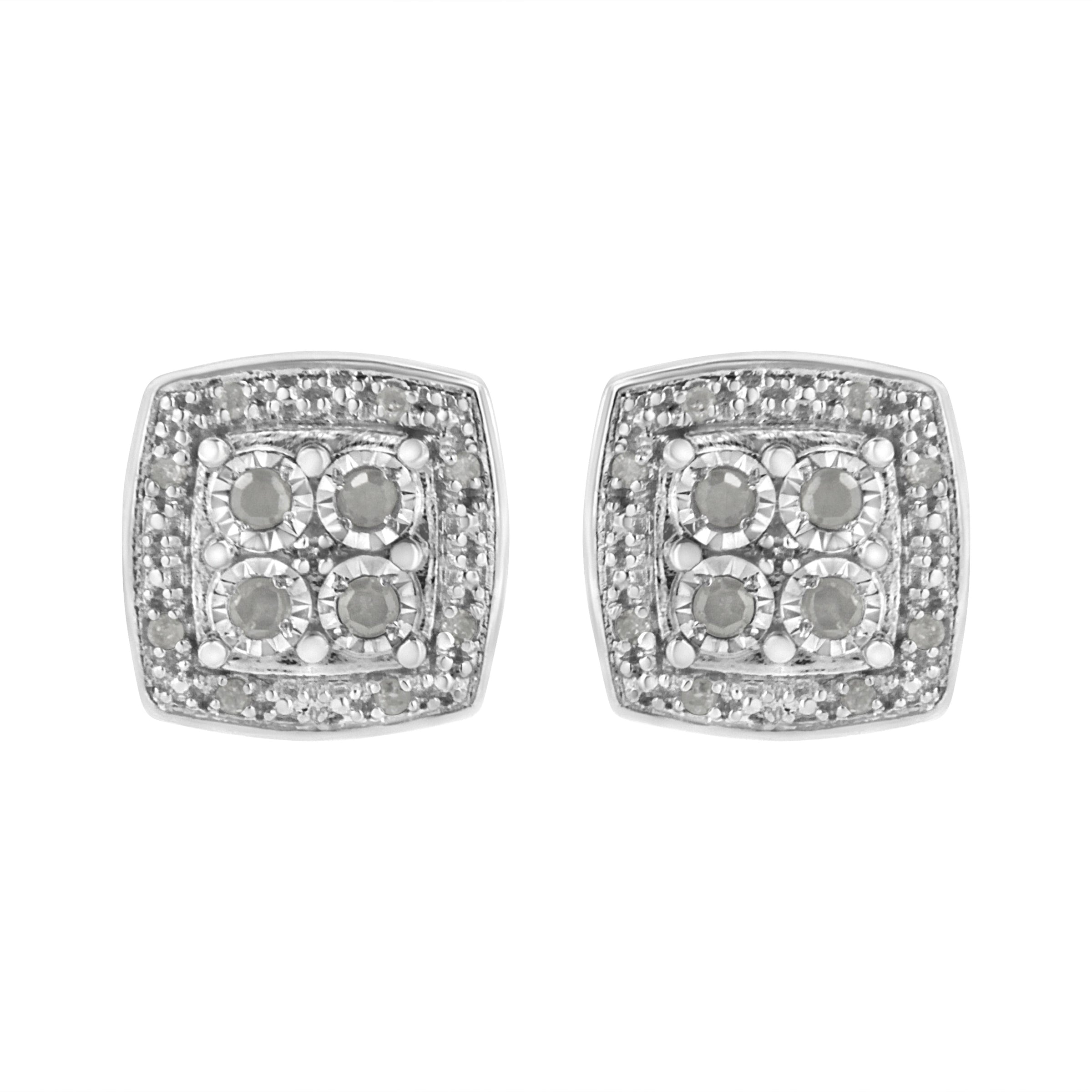 .925 Sterling Silver 1/4 cttw Round Cut Diamond Square Shape Milgrain Stud Earrings (I-J Color, I3 Clarity)