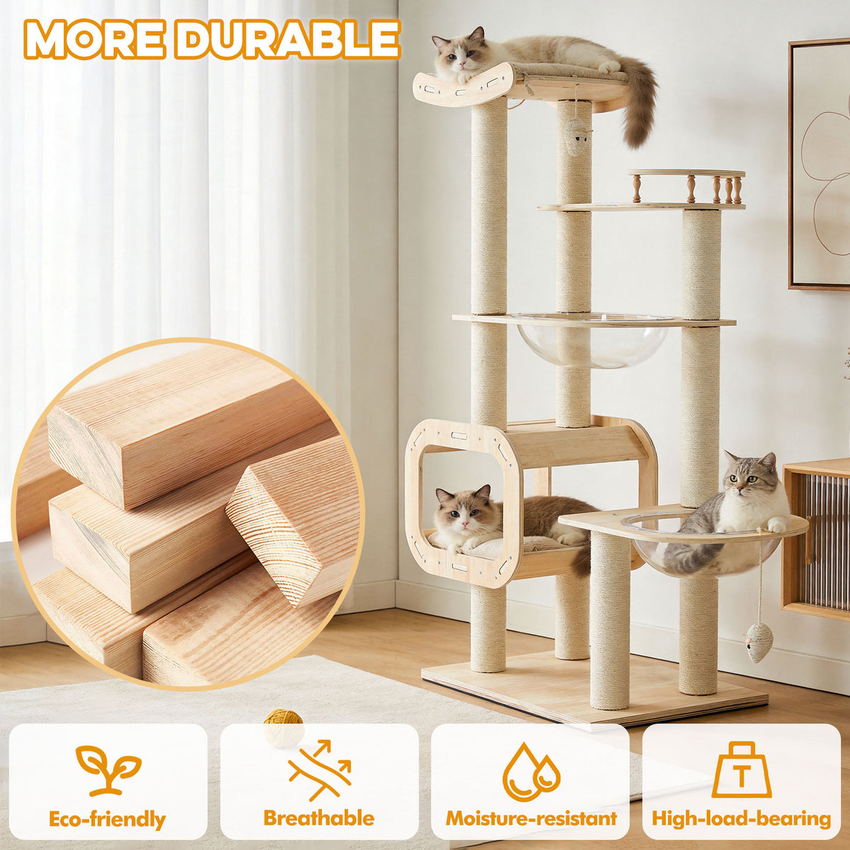 Heavy-Duty No-Drill 4-Story Cat Tree-Solid Wood Multi-Story Boards, Multi-Column Design, 55.9in Cat Tower With Open Cond