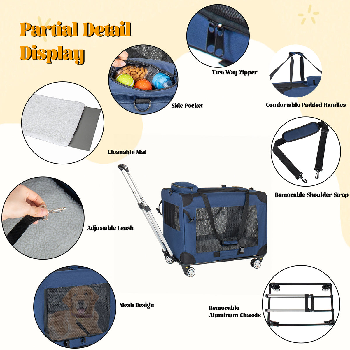 2 In 1, 28 Collapsible Travel Dog Crate For Medium Large Dogs, Rolling Pet Carrier With Wheels, 3-Door Portable Folding 