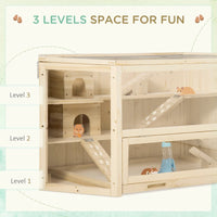 Wooden Large Hamster Cage Small Animal Exercise Play House 3 Tier With Tray, Seesaws, Water Bottle, Activity Center, Nat