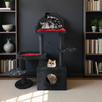 Black Gothic Cat Tree, Multi-Level Spooky Cat Tree with Scratching Posts, Perches, Hammock, and Cat Cave - Black Cat Tow