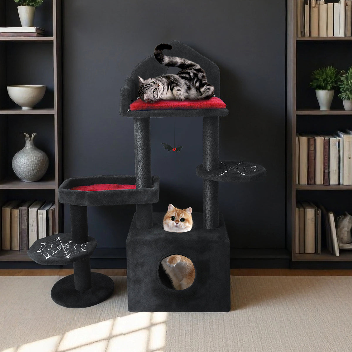 Black Gothic Cat Tree, Multi-Level Spooky Cat Tree with Scratching Posts, Perches, Hammock, and Cat Cave - Black Cat Tow