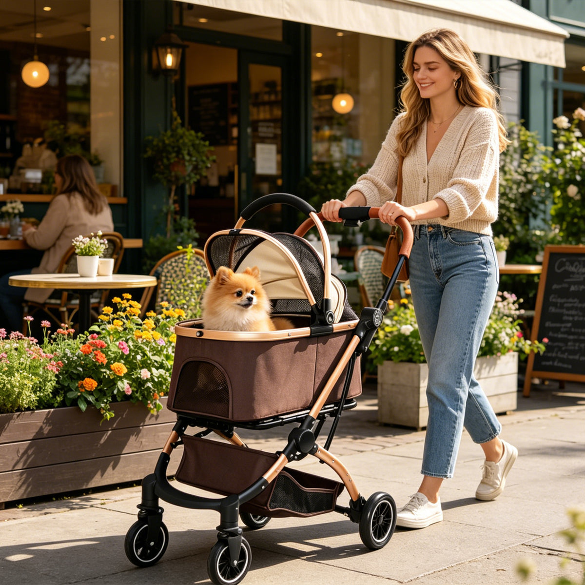 Pet Stroller for Dogs and Cats, 2-in-1 Detachable Foldable 4 Wheels Pet Stroller, Quick One-Hand Fold, Storage Basket, D
