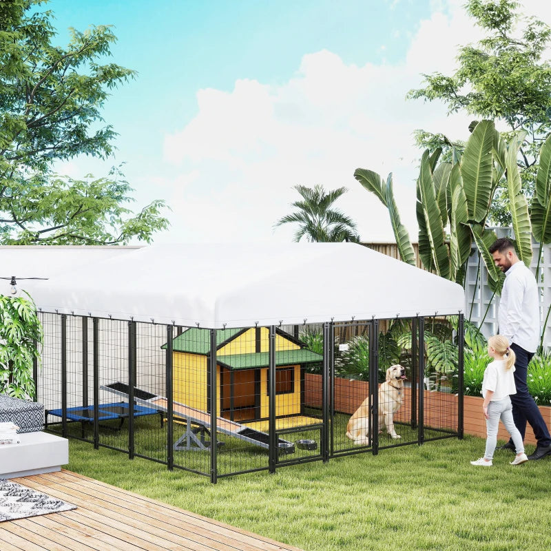 9.8' X 9.8' X 6'Outdoor Dog Kennel, Dog Kennel Outside Run With 360 Rotating Bowls, Waterproof & UV Resistant CoverMulti