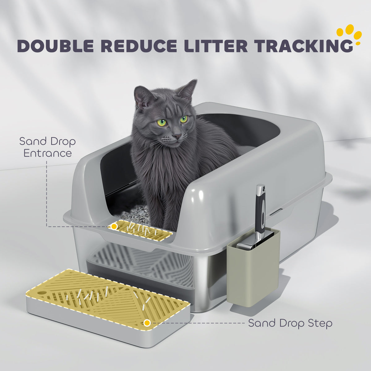 High Sided Stainless Steel Litter Box with Metal Scoop & Scoop Holder, for Easy Clean& Anti-Urine Leakage, Light Gray