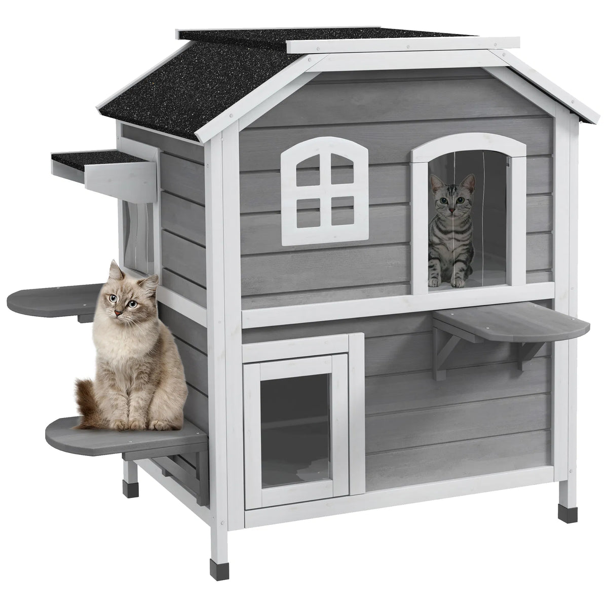 2-Storey Outdoor Cat House, Wooden Catio with Openable Roof, Lounge Space, Fun Entrances, for Feral Cats, Grey
