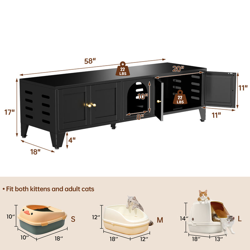 58in Metal Cat Litter Box Enclosure, Hidden Litter Furniture For 2 Cats, Large Indoor Cat House TV Stand Cabinet W Venti